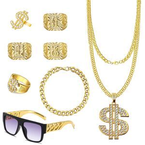 1237 8 Pcs 80s 90s Rapper Fake Gold Chain Set, Hip Hop Jewelry